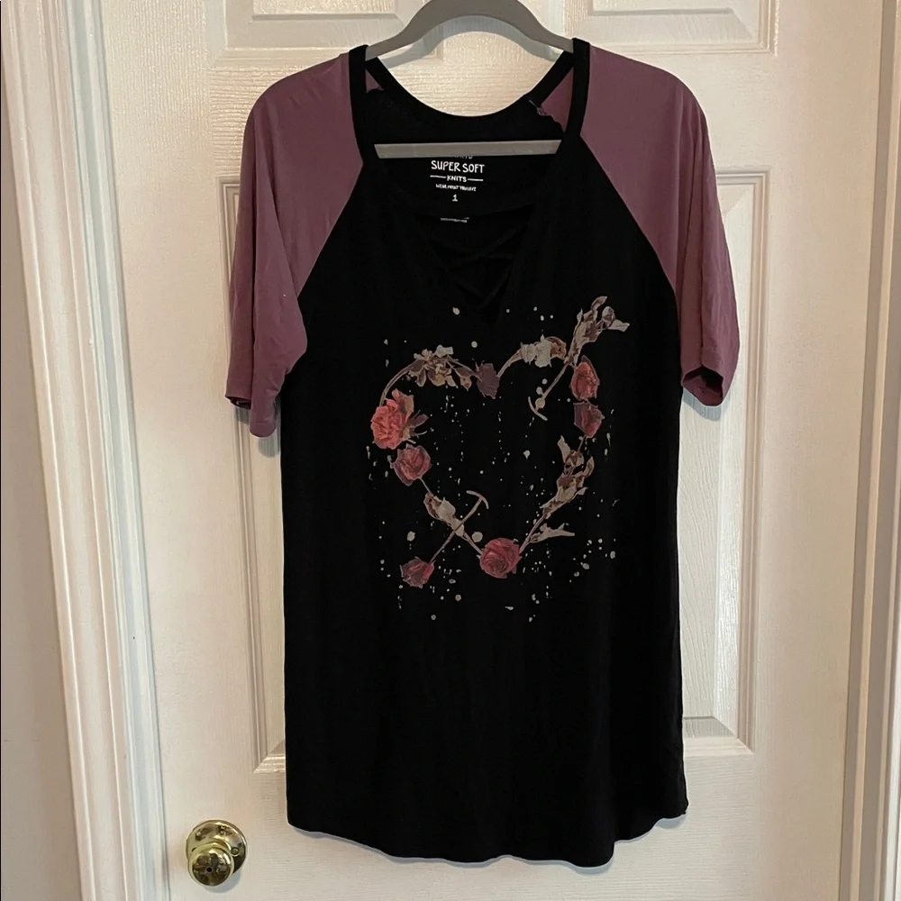 Torrid Raglan Purple and Black Graphic Short Sleeve Tunic Tee - Picture 2 of 5